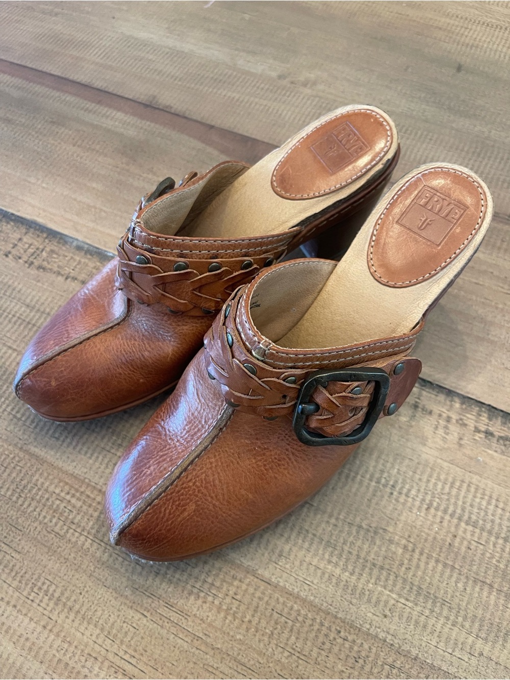 Frye Braided Leather Mule Clogs - Cognac